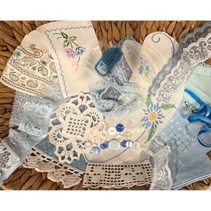 Hand Slow Stitch Baby Blue Fabric Lace Button Beads Junk Journal Kit vtg